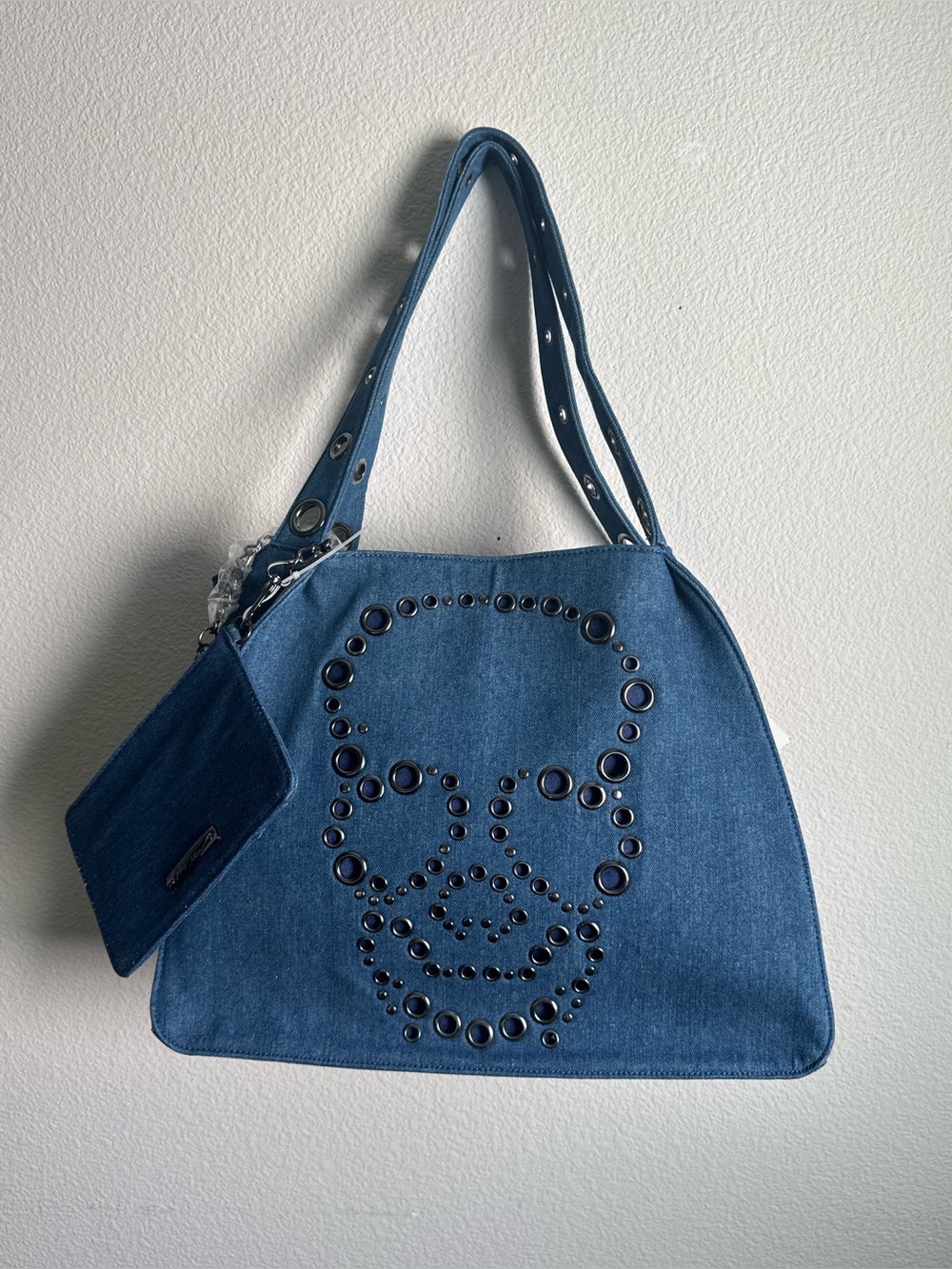Betsey Johnson Denim Skull Grommet Large Tote Bag